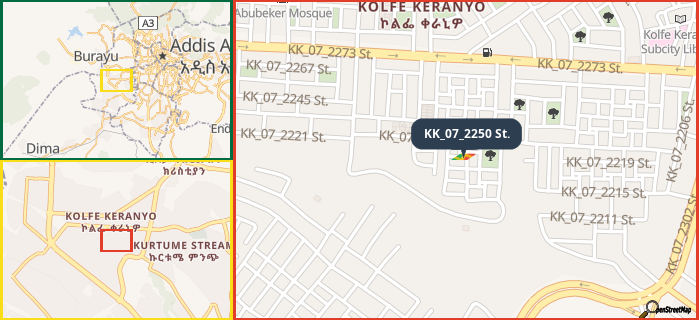 Map showing the address of KK_07_2250 St. in three different zoom levels.