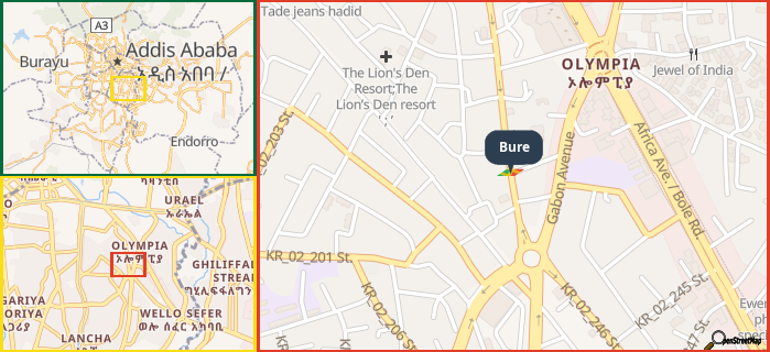 Map showing the address of Bure in three different zoom levels.