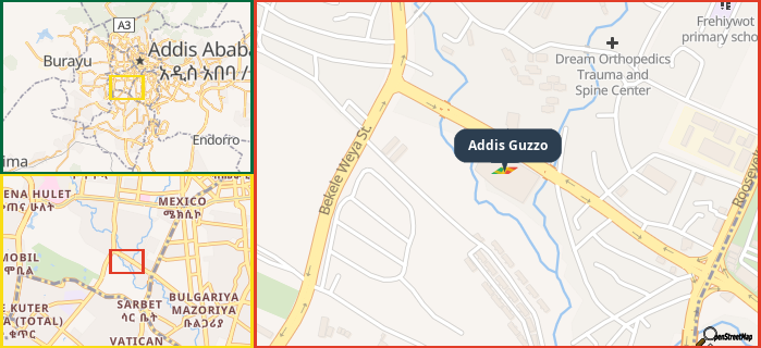 Map showing the address of Addis Guzzo in three different zoom levels.