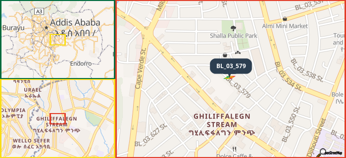 Map showing the address of BL_03_579 in three different zoom levels.