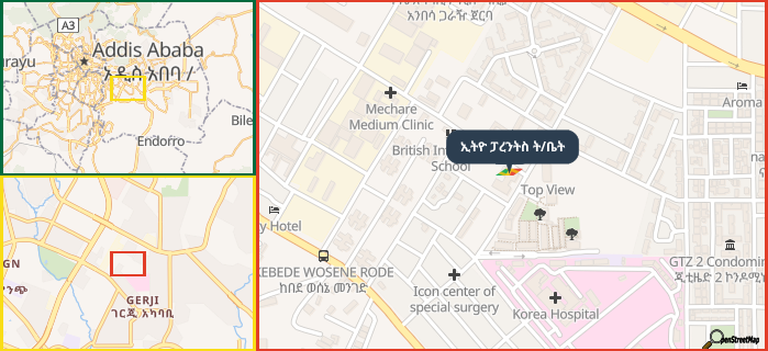 Map showing the address of ኢትዮ ፓረንትስ ት/ቤት in three different zoom levels.