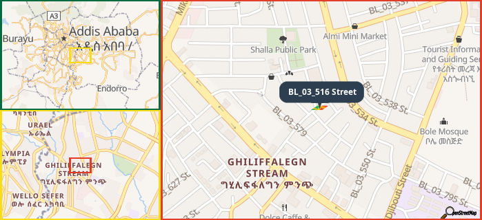 Map showing the address of BL_03_516 Street in three different zoom levels.