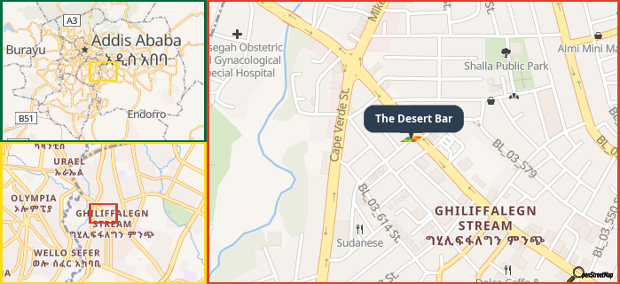 Map showing the address of The Desert Bar in three different zoom levels.