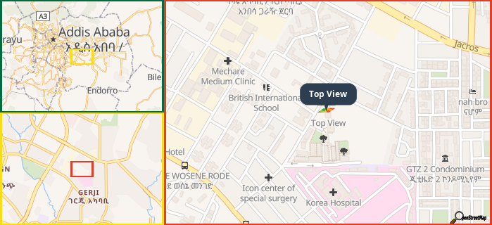 Map showing the address of Top View in three different zoom levels.