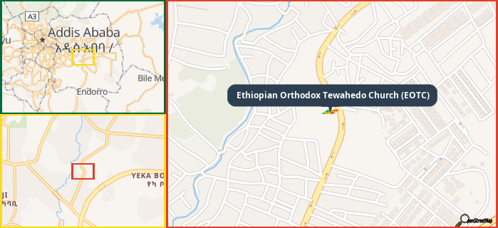 Map showing the address of Ethiopian Orthodox Tewahedo Church (EOTC) in three different zoom levels.