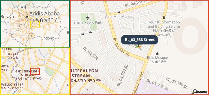 Map showing the address of BL_03_538 Street in three different zoom levels.