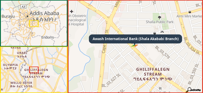 Map showing the address of Awash International Bank (Shala Akababi Branch) in three different zoom levels.