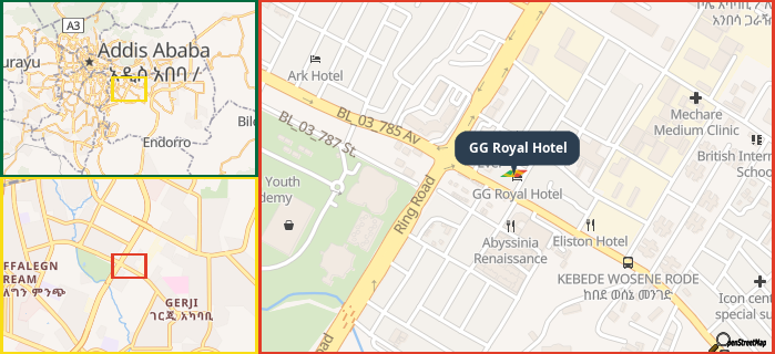 Map showing the address of GG Royal Hotel in three different zoom levels.