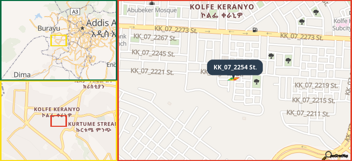 Map showing the address of KK_07_2254 St. in three different zoom levels.