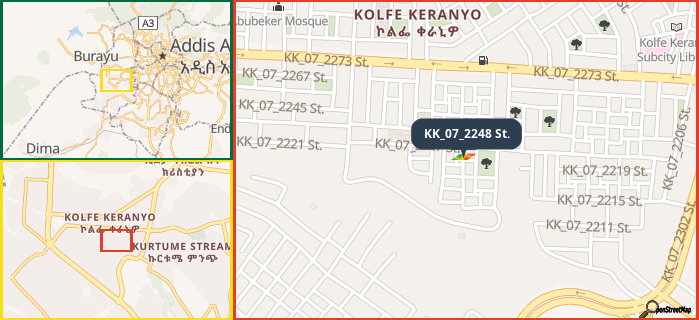 Map showing the address of KK_07_2248 St. in three different zoom levels.