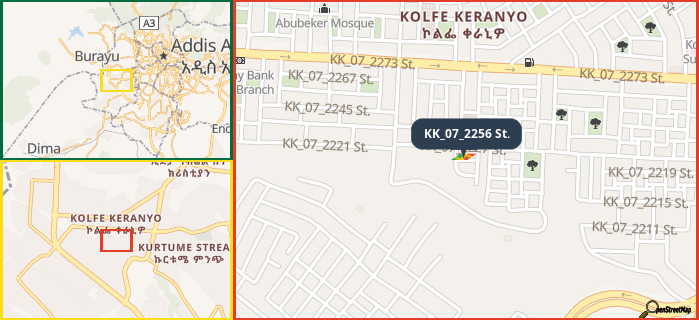 Map showing the address of KK_07_2256 St. in three different zoom levels.