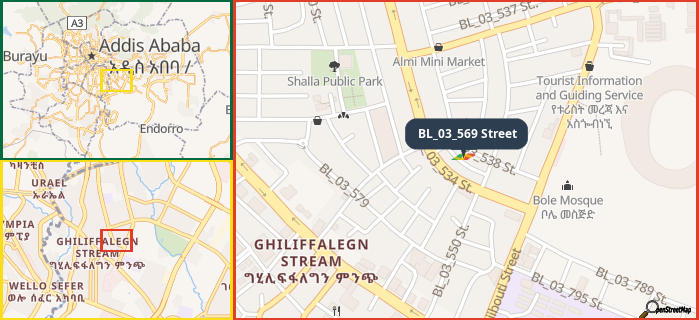 Map showing the address of BL_03_569 Street in three different zoom levels.