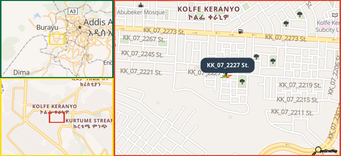 Map showing the address of KK_07_2227 St. in three different zoom levels.