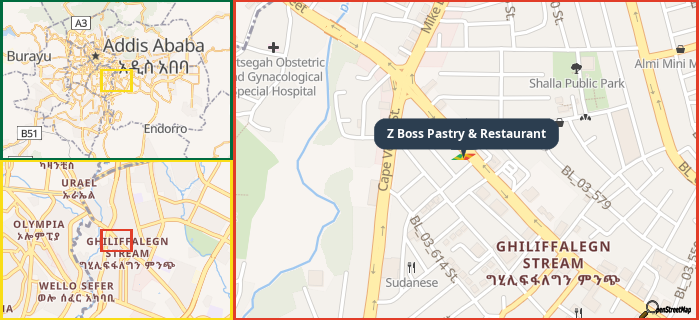Map showing the address of Z Boss Pastry & Restaurant in three different zoom levels.