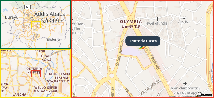 Map showing the address of Trattoria Gusto in three different zoom levels.