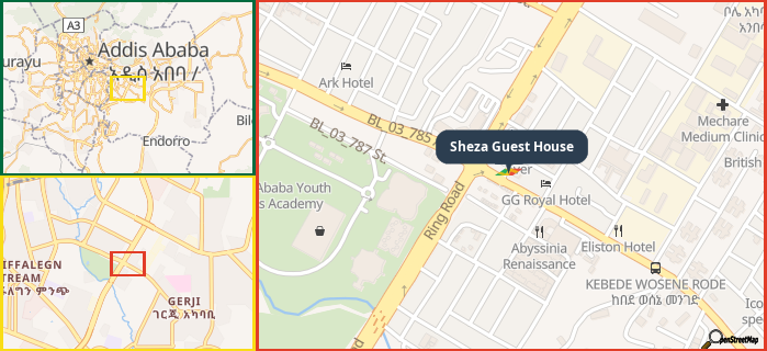 Map showing the address of Sheza Guest House in three different zoom levels.