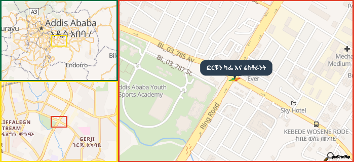 Map showing the address of ፎርቹን ካፌ እና ሬስቶራንት in three different zoom levels.