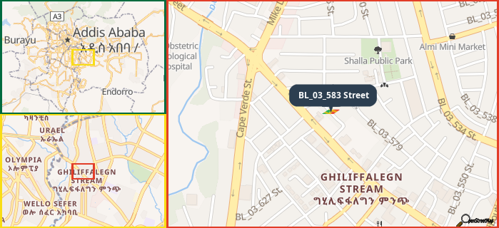 Map showing the address of BL_03_583 Street in three different zoom levels.