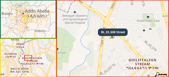 Map showing the address of BL_03_608 Street in three different zoom levels.