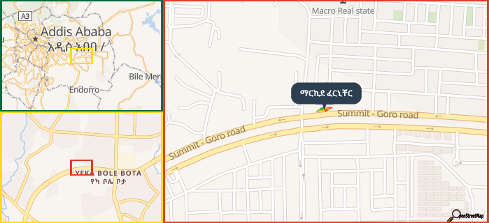 Map showing the address of ማርኪደ ፈርኒቸር in three different zoom levels.