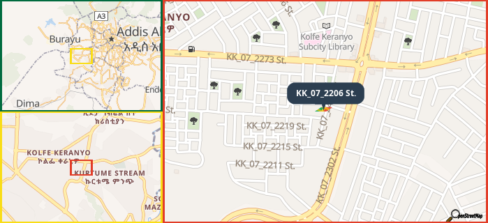 Map showing the address of KK_07_2206 St. in three different zoom levels.