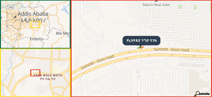 Map showing the address of የኢትዮጵያ ንግድ ባንክ in three different zoom levels.