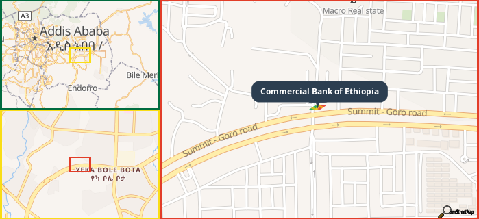 Map showing the address of Commercial Bank of Ethiopia in three different zoom levels.