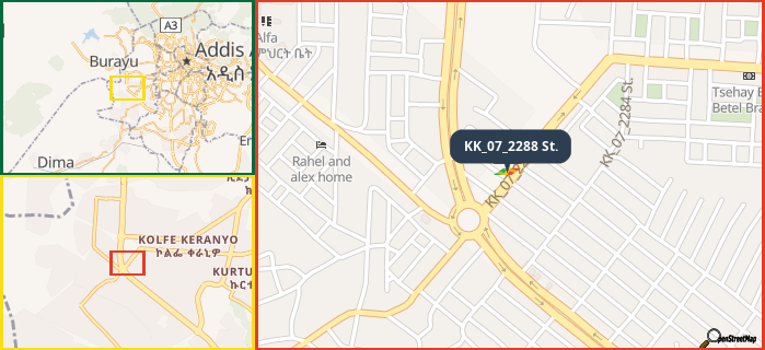 Map showing the address of KK_07_2288 St. in three different zoom levels.