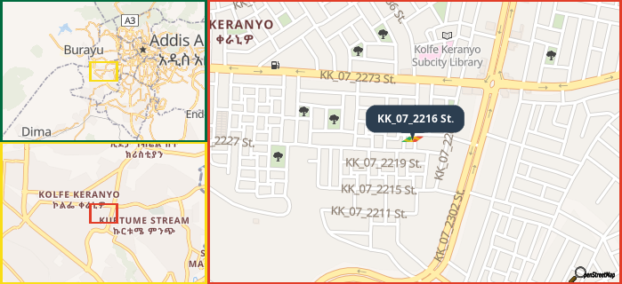 Map showing the address of KK_07_2216 St. in three different zoom levels.