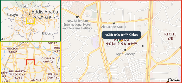 Map showing the address of ቂርቆስ ክፍለ ከተማ Kirkos in three different zoom levels.