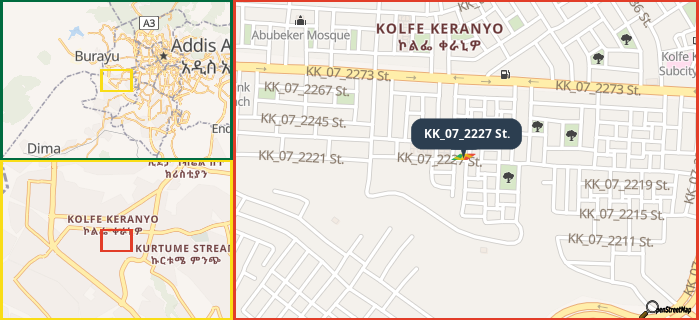 Map showing the address of KK_07_2227 St. in three different zoom levels.