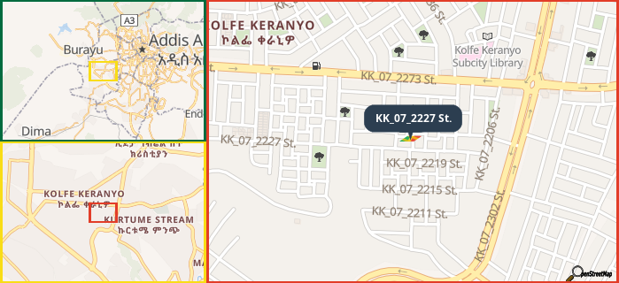 Map showing the address of KK_07_2227 St. in three different zoom levels.