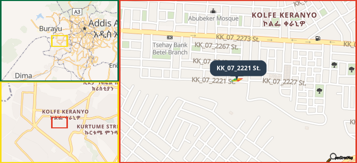 Map showing the address of KK_07_2221 St. in three different zoom levels.