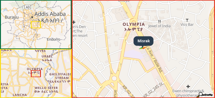 Map showing the address of Misrak in three different zoom levels.