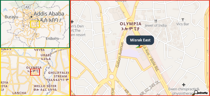 Map showing the address of Misrak East in three different zoom levels.