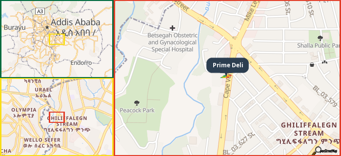 Map showing the address of Prime Deli in three different zoom levels.