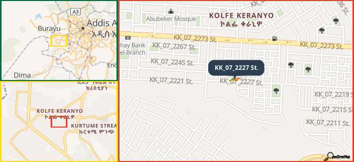 Map showing the address of KK_07_2227 St. in three different zoom levels.