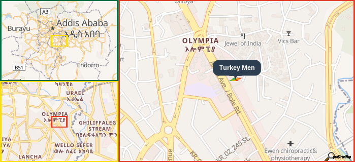 Map showing the address of Turkey Men in three different zoom levels.