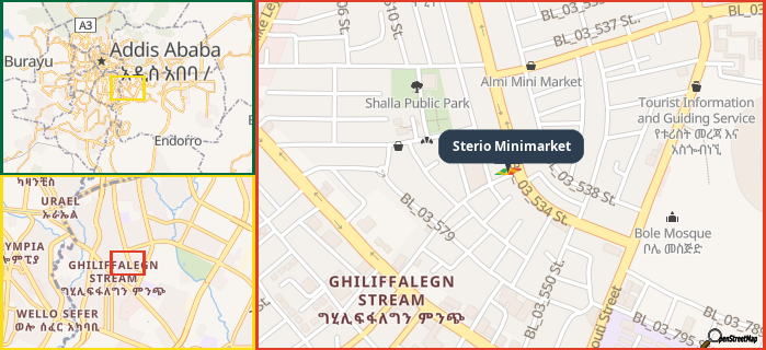 Map showing the address of Sterio Minimarket in three different zoom levels.