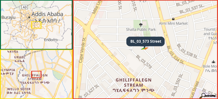 Map showing the address of BL_03_573 Street in three different zoom levels.