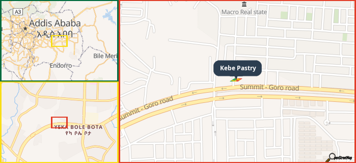 Map showing the address of Kebe Pastry in three different zoom levels.