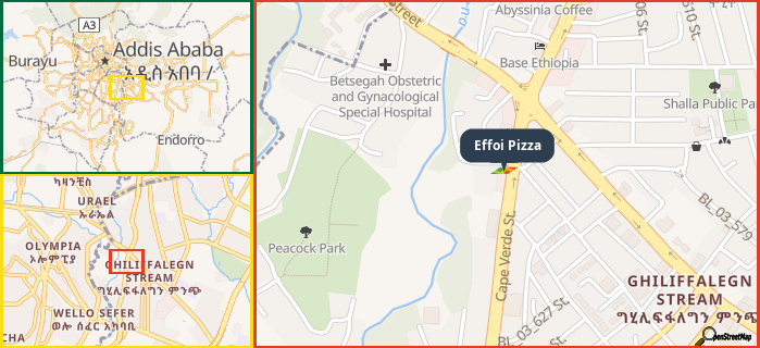 Map showing the address of Effoi Pizza in three different zoom levels.