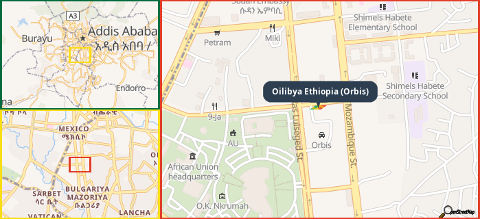 Map showing the address of Oilibya Ethiopia (Orbis) in three different zoom levels.