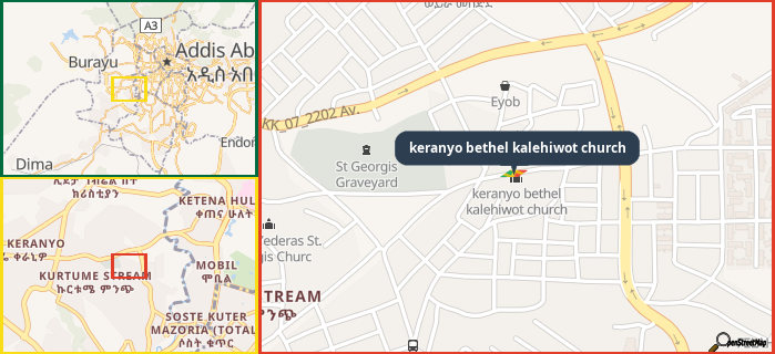 Map showing the address of keranyo bethel kalehiwot church in three different zoom levels.