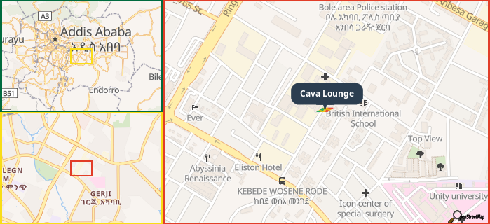 Map showing the address of Cava Lounge in three different zoom levels.