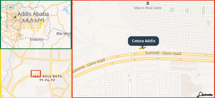 Map showing the address of Cotsco Addis in three different zoom levels.