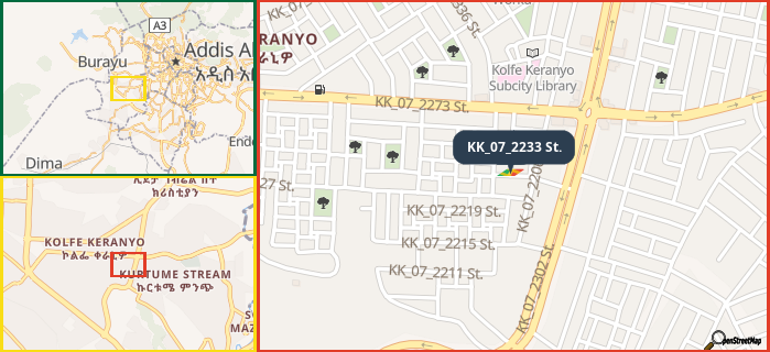 Map showing the address of KK_07_2233 St. in three different zoom levels.