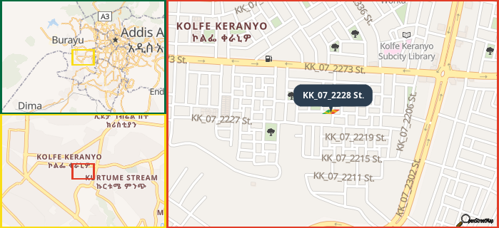 Map showing the address of KK_07_2228 St. in three different zoom levels.