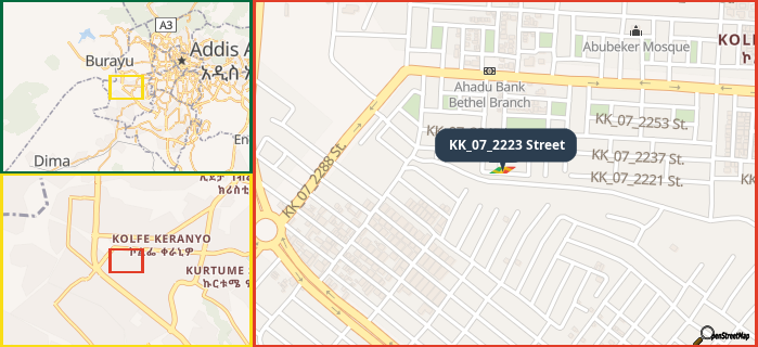 Map showing the address of KK_07_2223 Street in three different zoom levels.