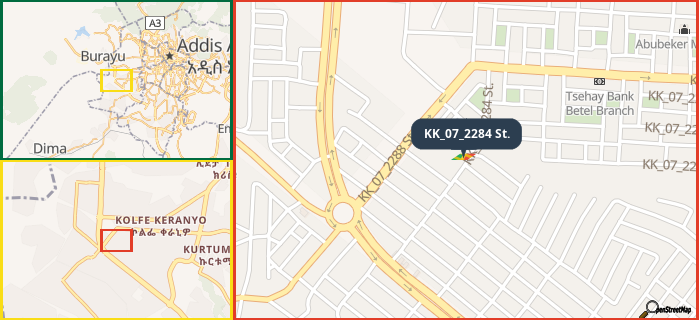 Map showing the address of KK_07_2284 St. in three different zoom levels.